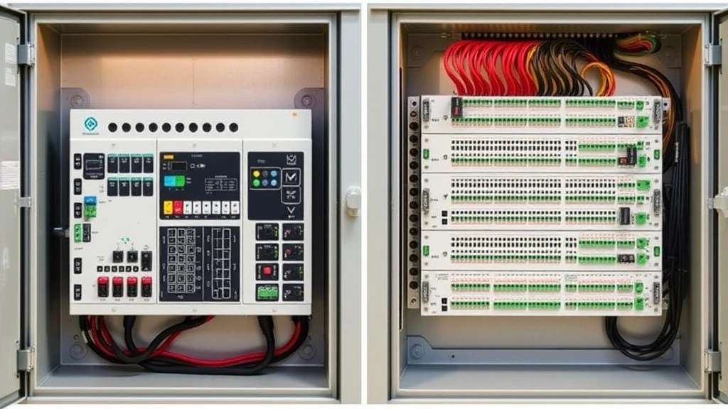 Inside an electrical control cabinet a compact all-in-one controller wired next to a modular DIN-rail IO rack with multiple expansion cards Inside an electrical control cabinet a compact all-in-one controller wired next to a modular DIN-rail IO rack with multiple expansion cards