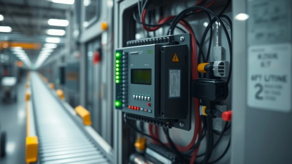 A PLC in a control panel reading a sensor and driving a conveyor on a production line A PLC in a control panel reading a sensor and driving a conveyor on a production line